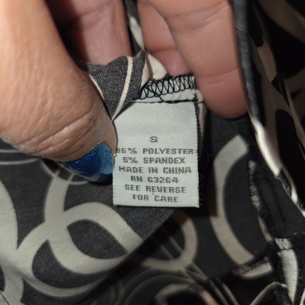 Dressbarn Satin Geometric Circle Print Top Small - Black White Ruched Blouse